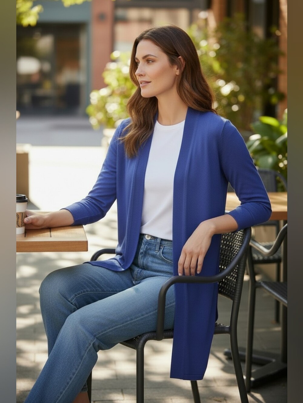 CHICO'S Cobalt Blue Open Front Knit Duster Knit Cardigan 3/4 Sleeve Size 1/Small